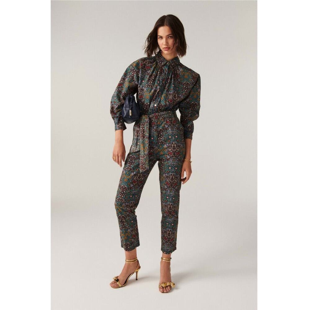 BA&SH Dark Green Floral Uguette Belted Waist Button Up Collared Jumpsuit sz L